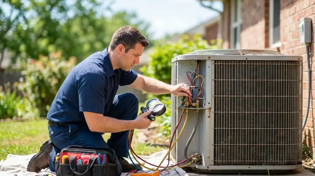 A technician checking an outdoor air conditioner with gauges