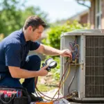 A technician checking an outdoor air conditioner with gauges