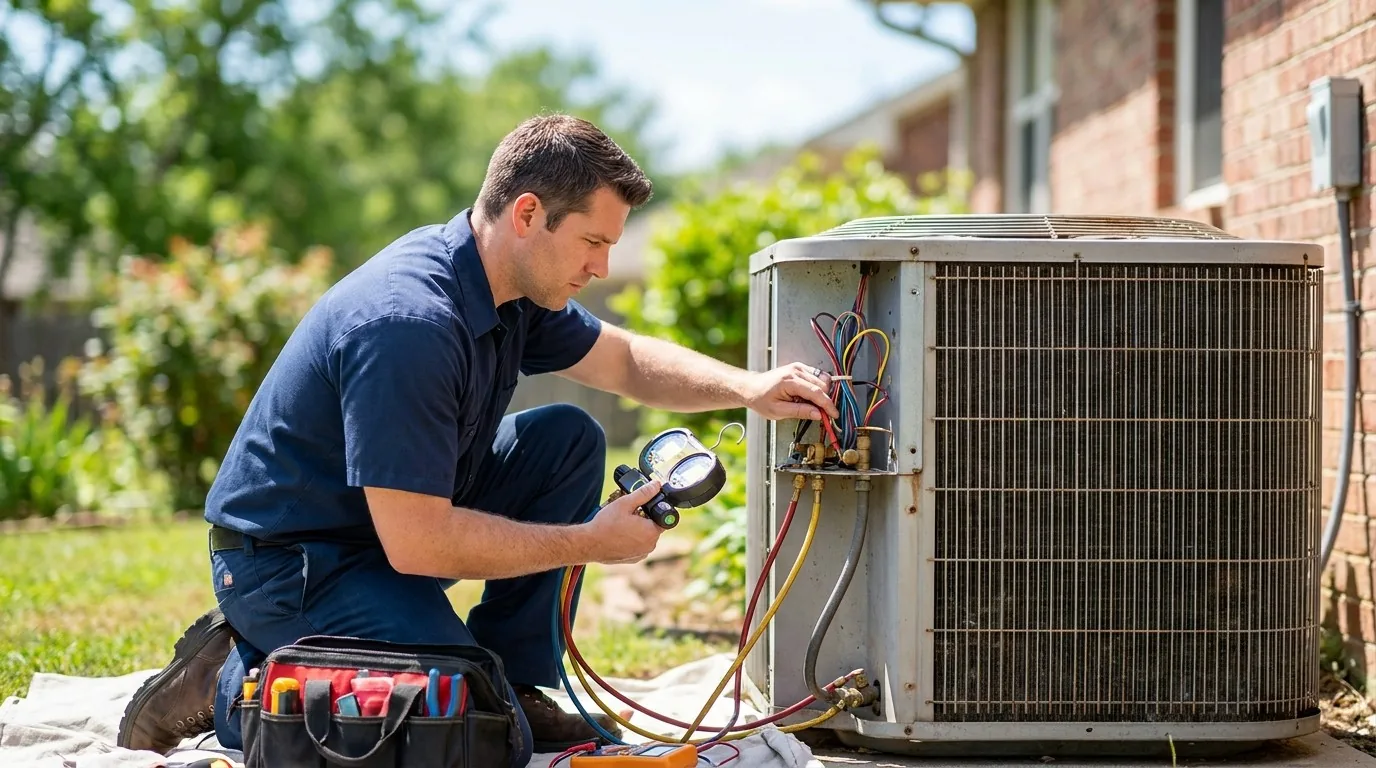 A technician checking an outdoor air conditioner with gauges