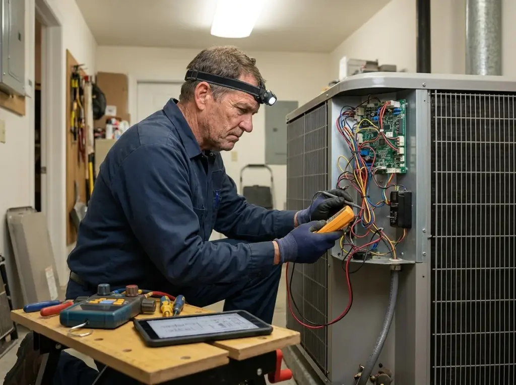 A technician testing the wiring of an air conditioner with a meter