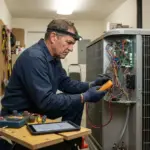 A technician testing the wiring of an air conditioner with a meter