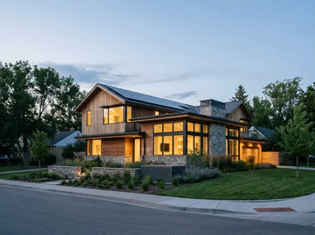 A modern house with warm lights at dusk
