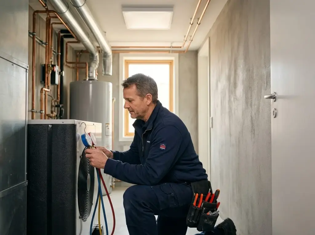 A technician testing a water heater in a hallway