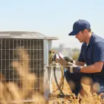 A technician checking an outdoor heat pump in the sun