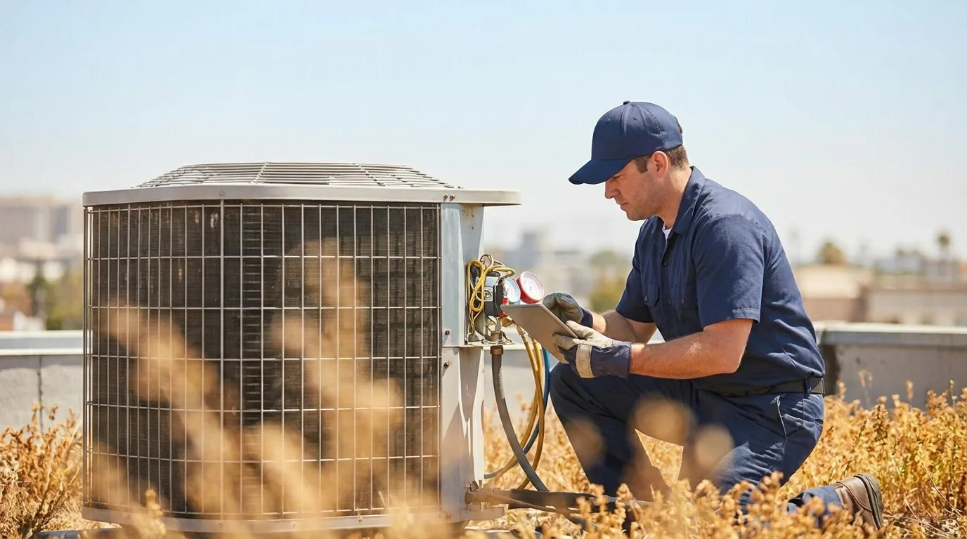 A technician checking an outdoor heat pump in the sun