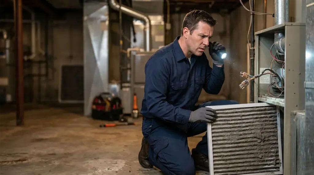 A technician inspecting an air handler with a flashlight