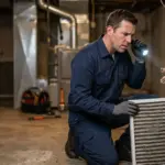 A technician inspecting an air handler with a flashlight
