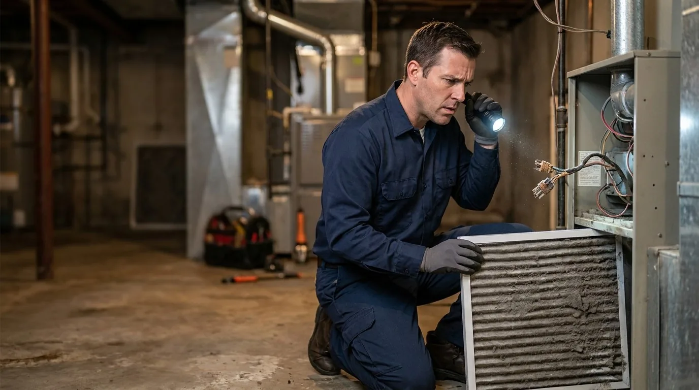 A technician inspecting an air handler with a flashlight