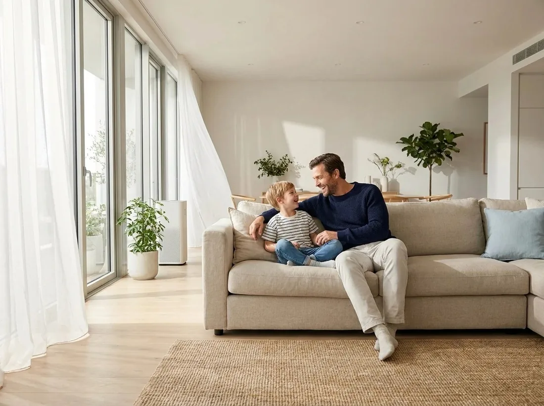 A father and child on a sofa in a bright, clean living room