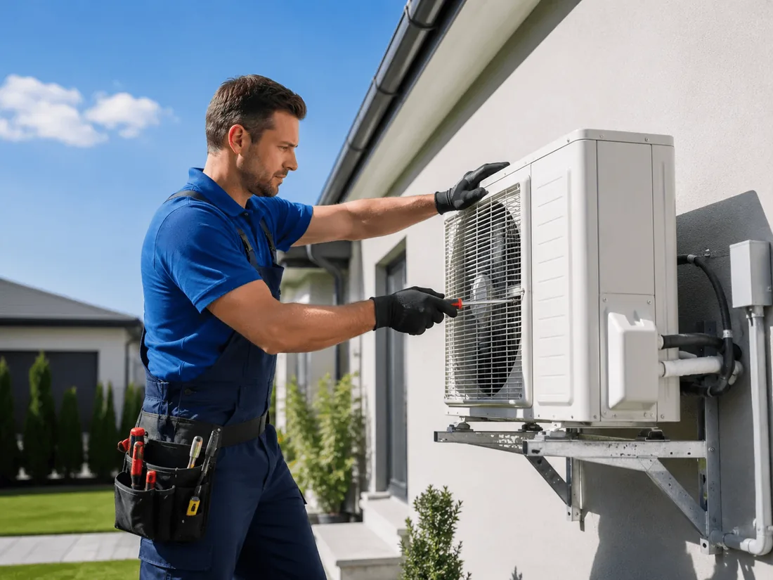 A technician servicing an outdoor air conditioner on a house wall