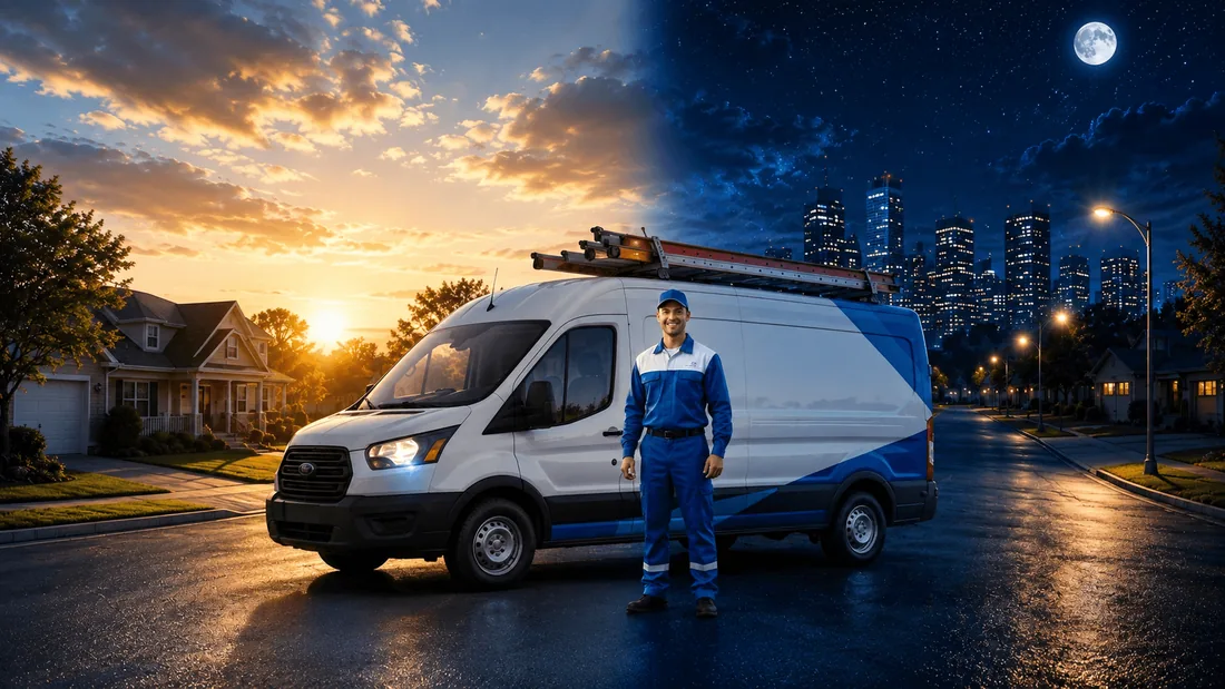 A technician beside his service van at sunset, a city skyline behind