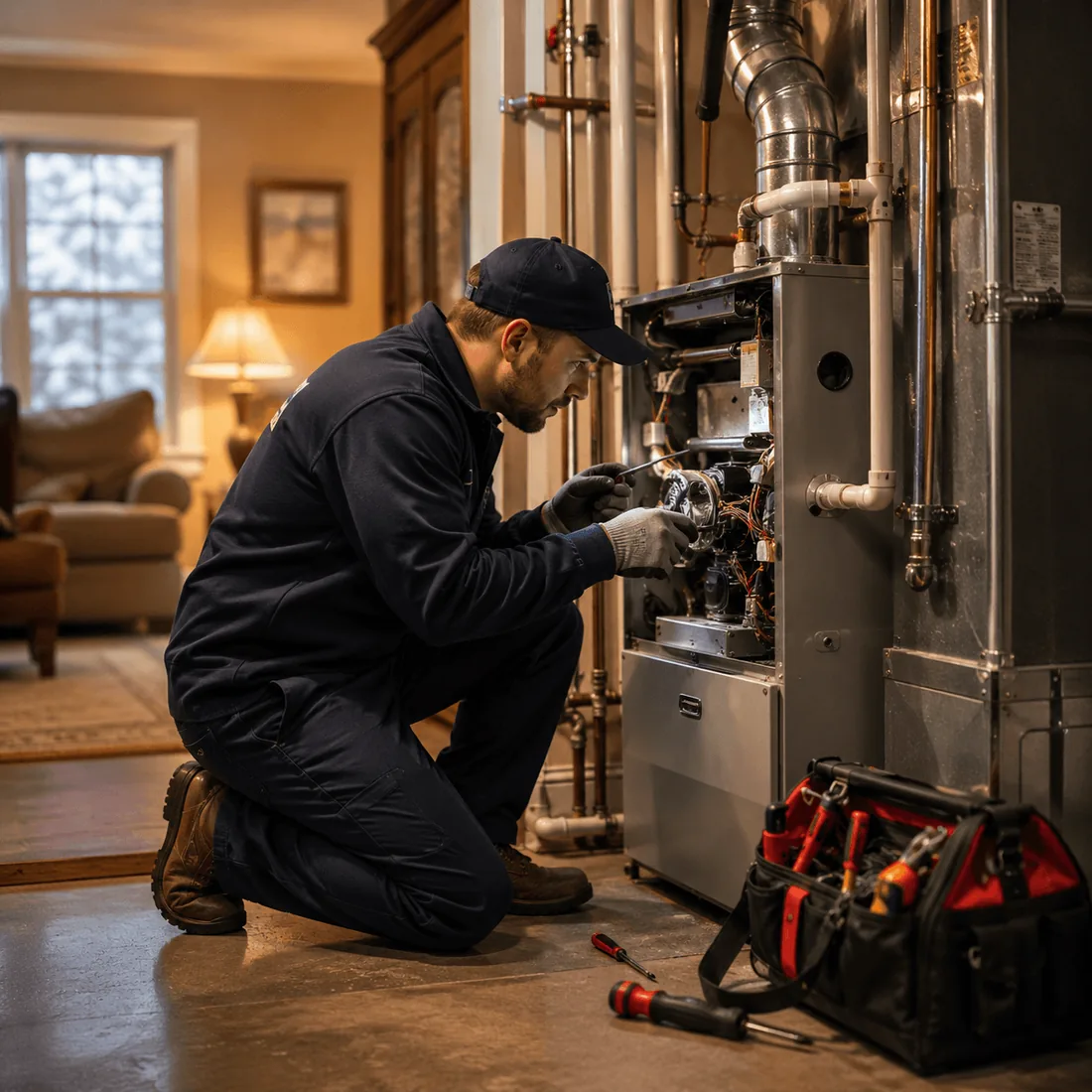 A technician repairing a furnace beside his tool bag