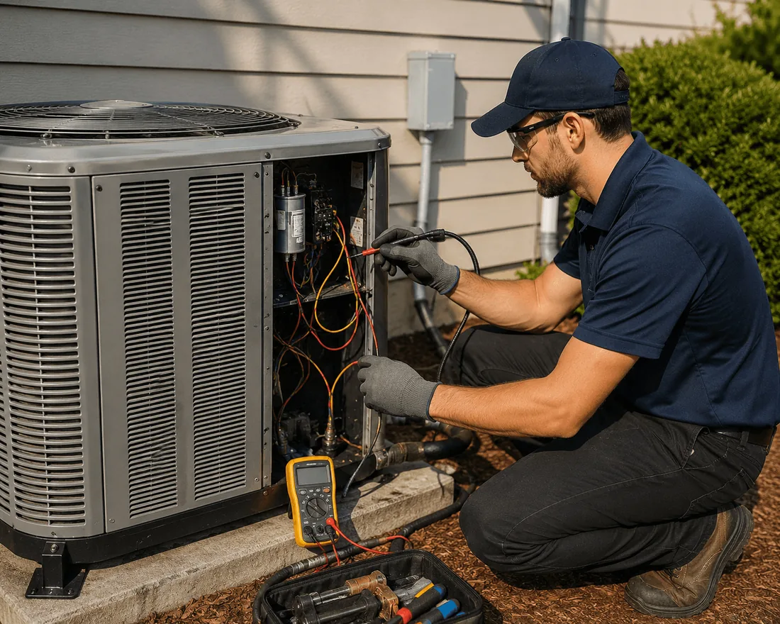 A technician repairing the wiring of an outdoor unit