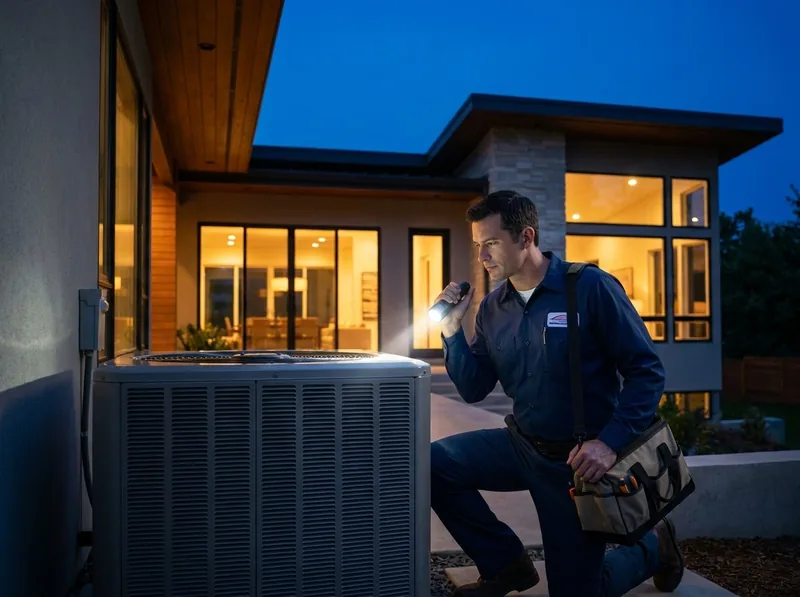 A technician on a call beside an outdoor unit at dusk