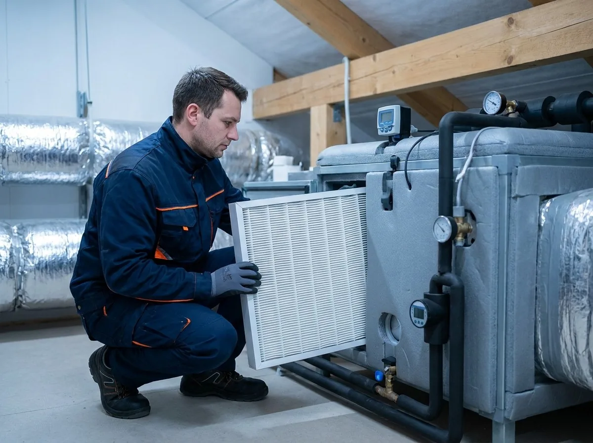 A technician fitting a new filter in a basement air handler