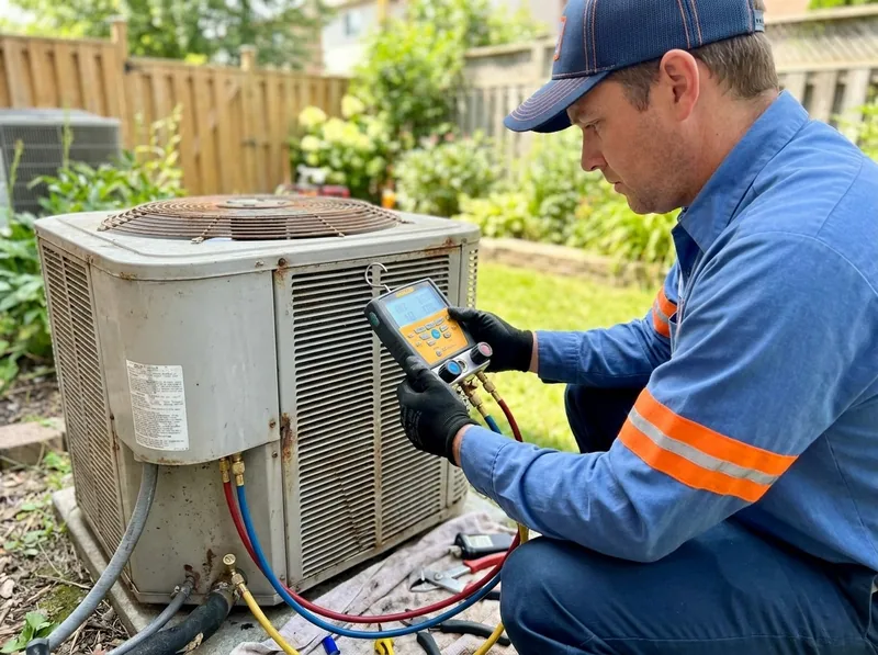 A technician reading refrigerant gauges at an outdoor unit