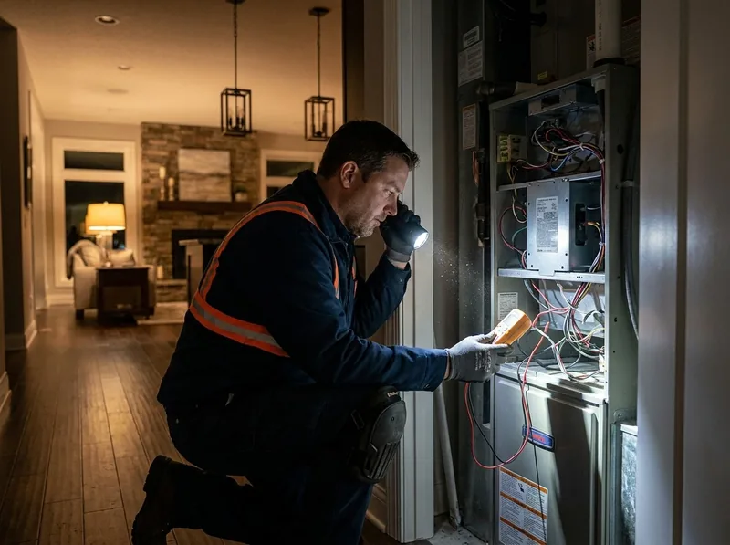 A technician checking a control panel with a flashlight