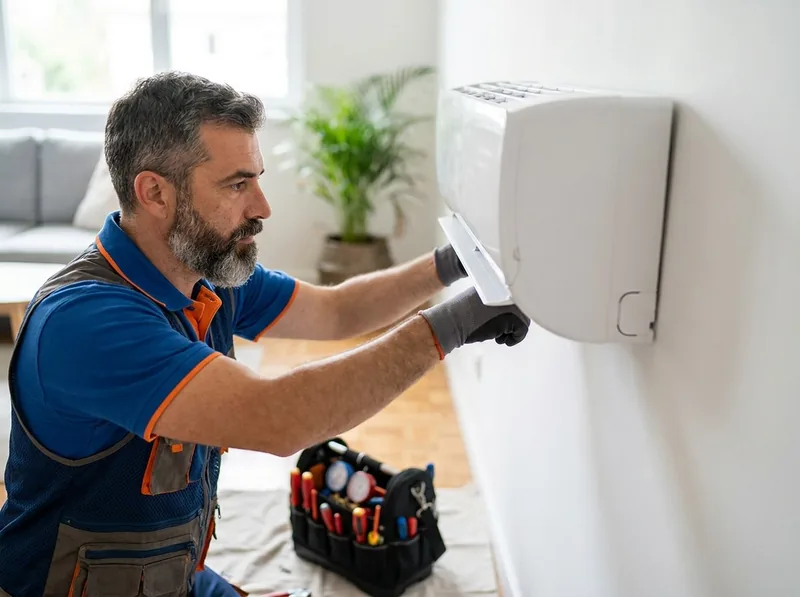 A technician installing a wall-mounted air conditioner