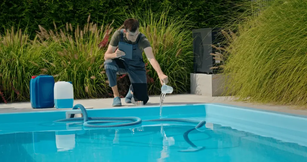 The same pool after treatment, the water clear and blue