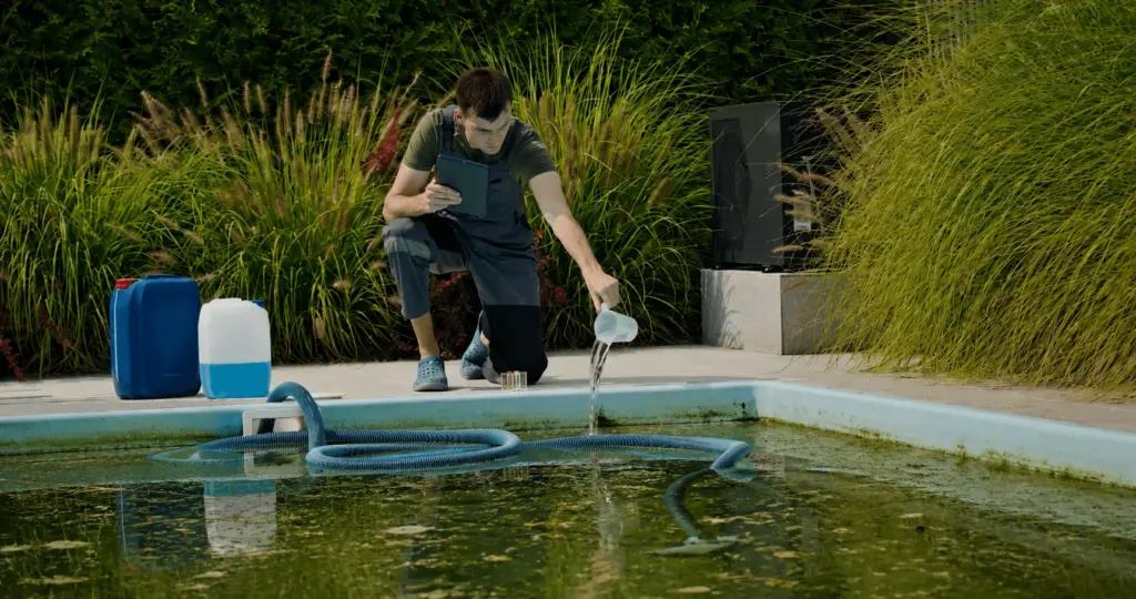 A technician adding chemicals to a murky green pool