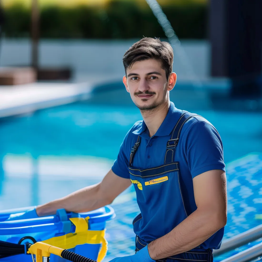 A smiling pool technician in blue overalls at the edge of a pool