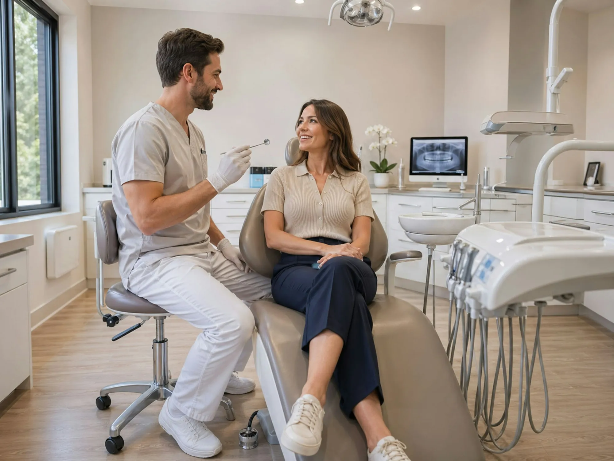 A dentist chatting with a smiling patient in a bright, modern treatment room