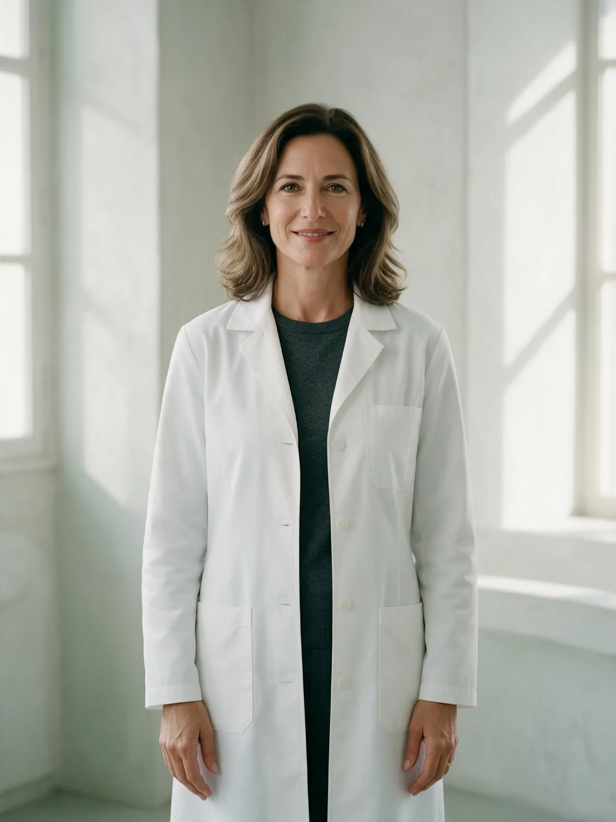 Portrait of the medical director in a white coat by a bright window