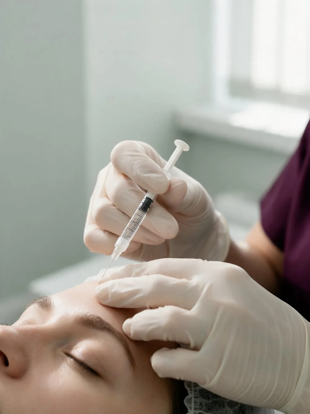 A clinician in gloves giving a precise injection near a client’s eye
