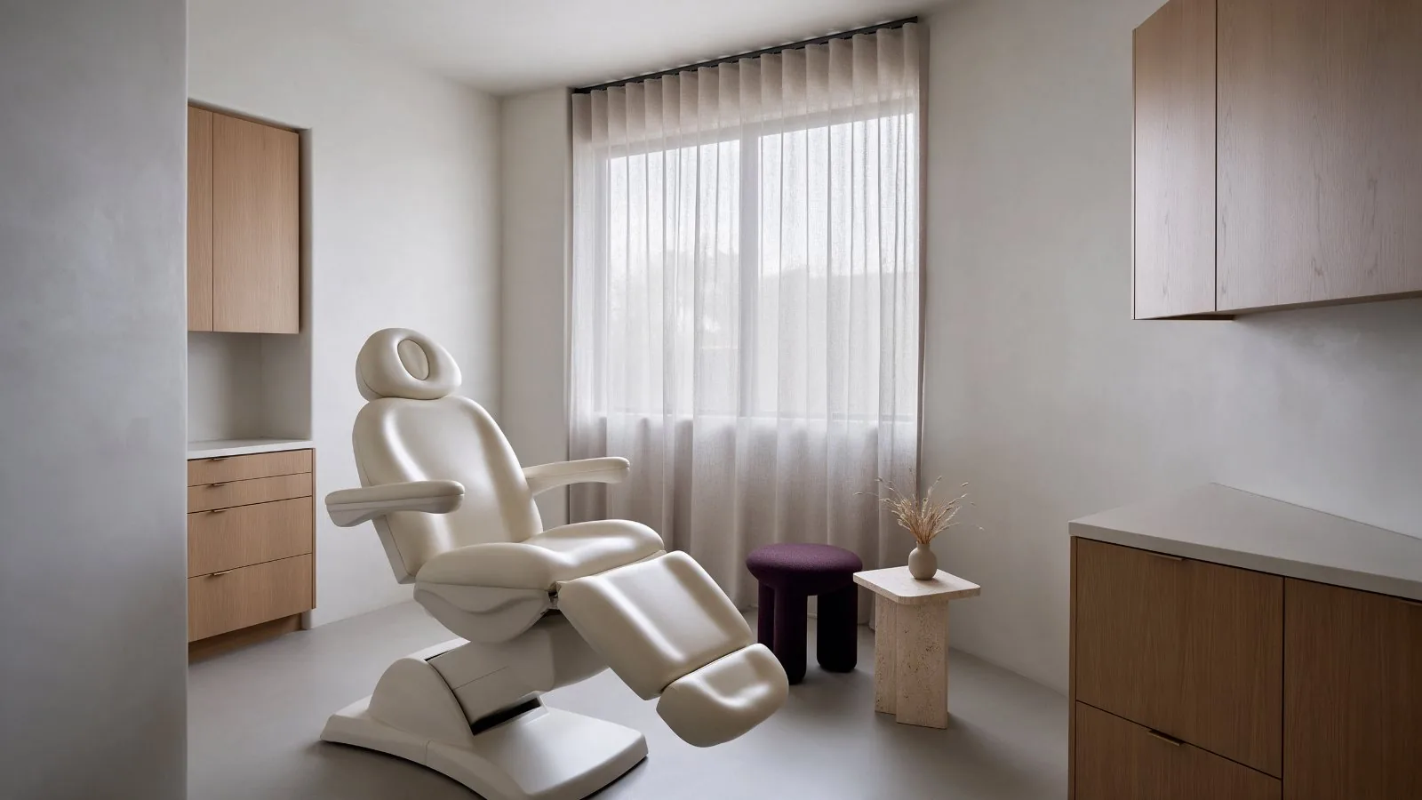 A calm treatment room with a cream treatment chair and sheer curtains