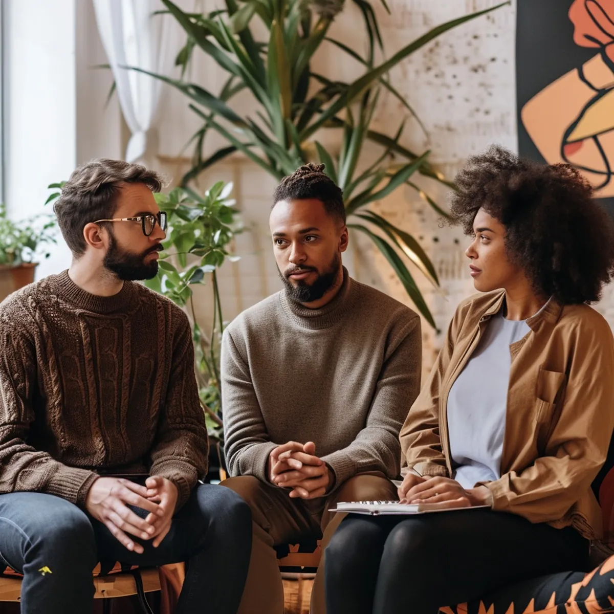 Three people talking together on a sofa
