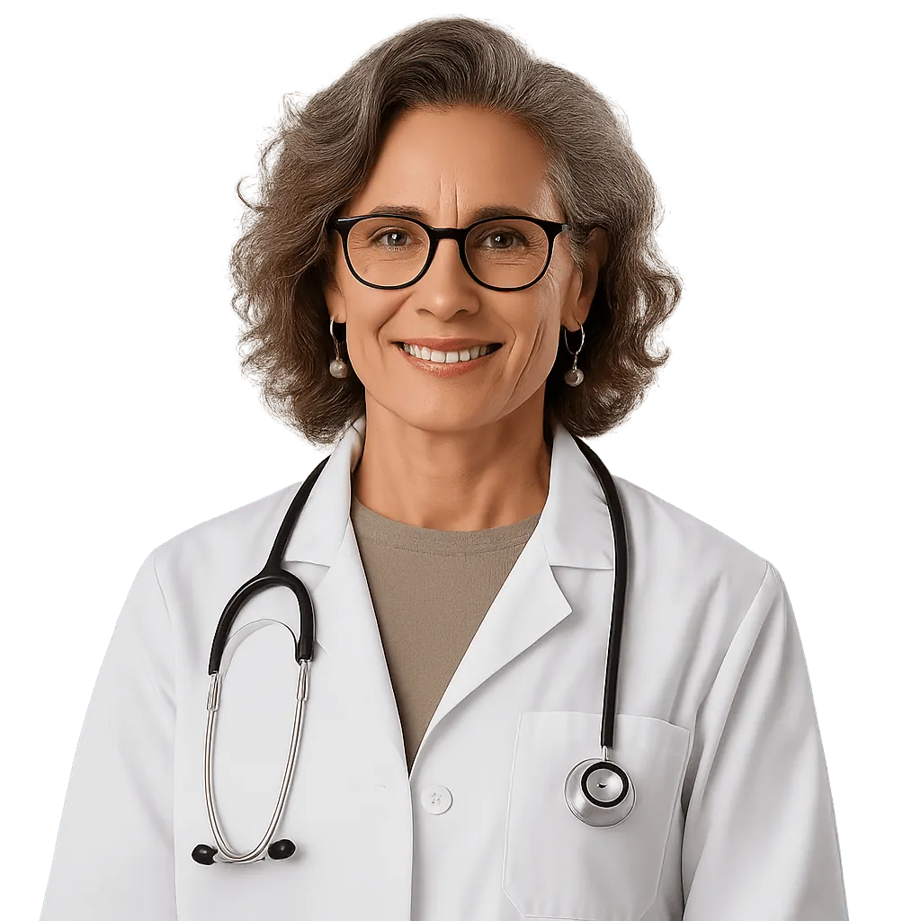 A smiling doctor with glasses and a stethoscope