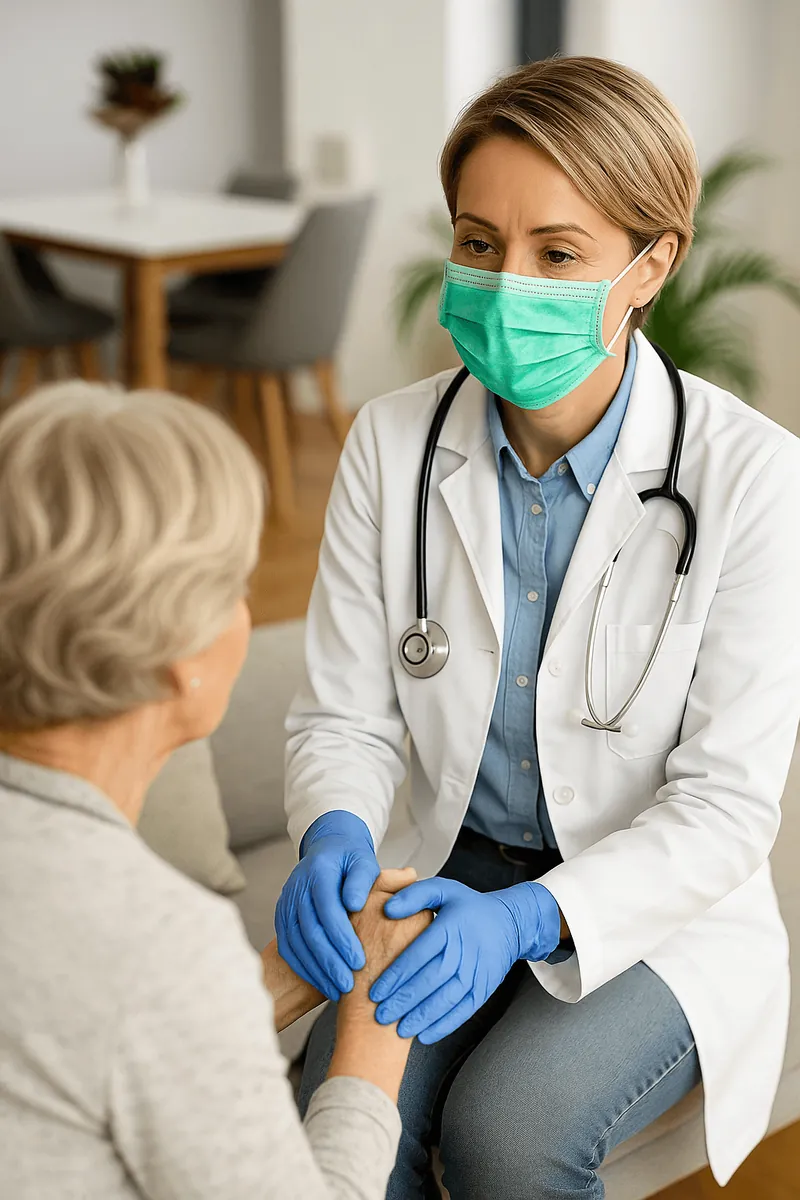 A doctor in a mask checking on an older woman