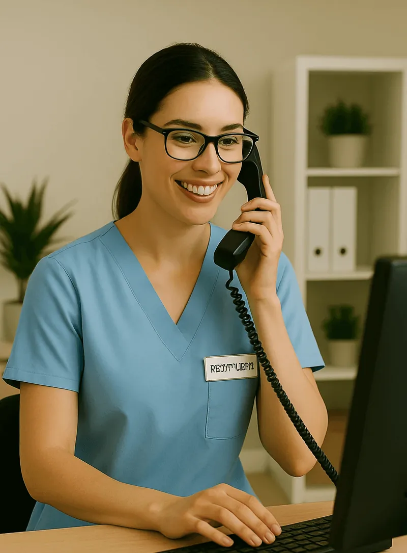 A nurse on the phone at the front desk