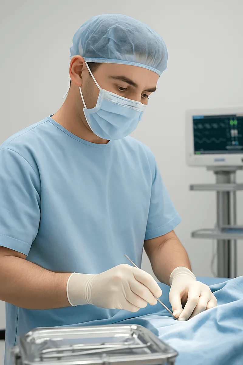 A surgeon in a mask preparing instruments