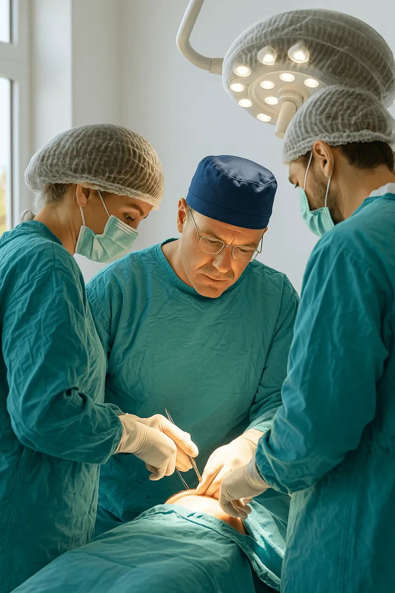 Surgeons operating under bright lights