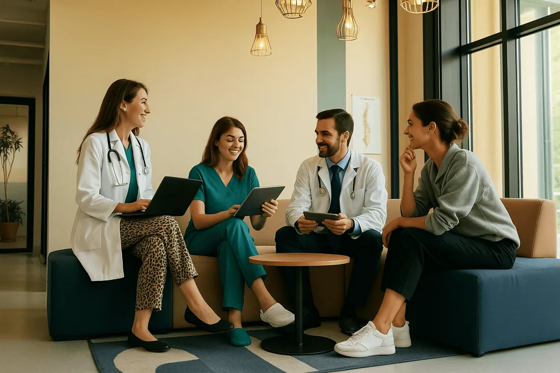 Staff and patients in a bright clinic lobby