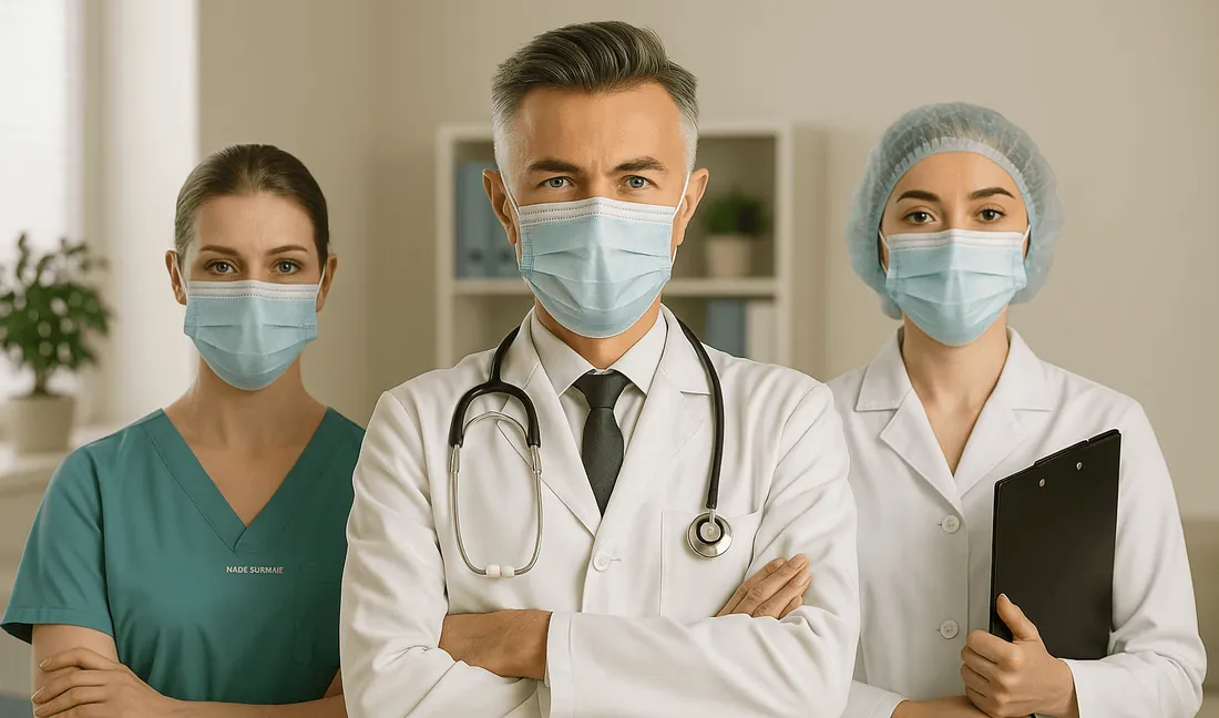 A medical team in masks in a hospital