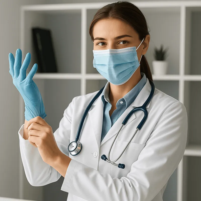 A doctor in a mask putting on gloves