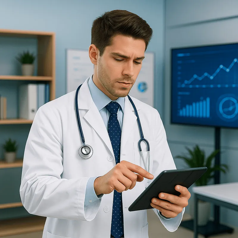 A doctor reading a tablet in his office