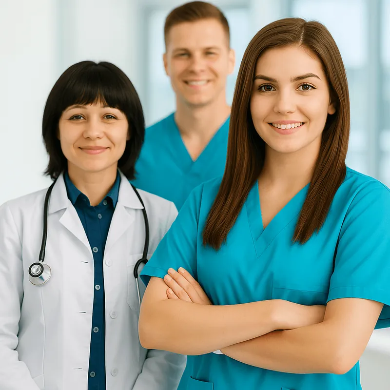 A smiling medical team with arms crossed