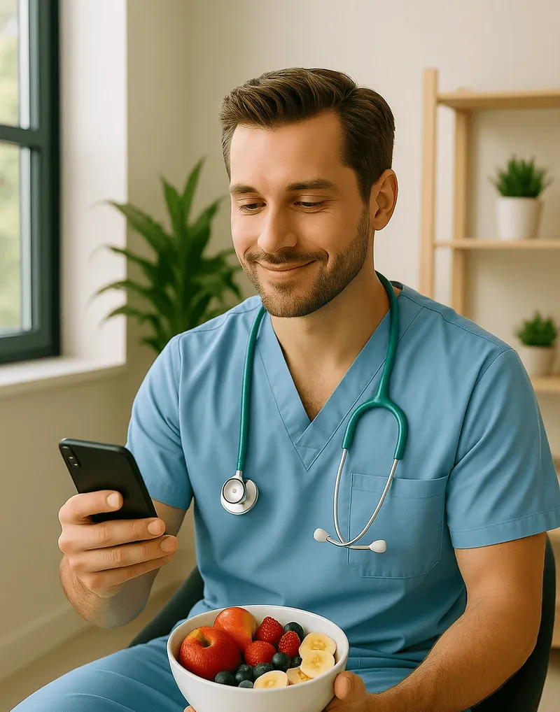 A doctor on his break with a phone and a bowl of fruit