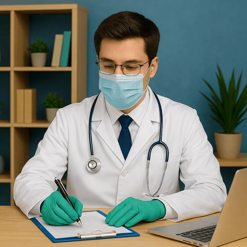 A doctor in a mask writing notes