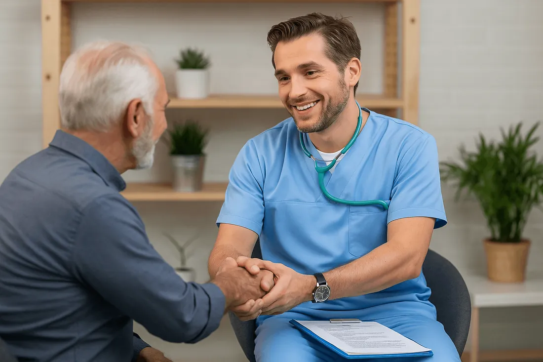 A therapist helping an older man exercise