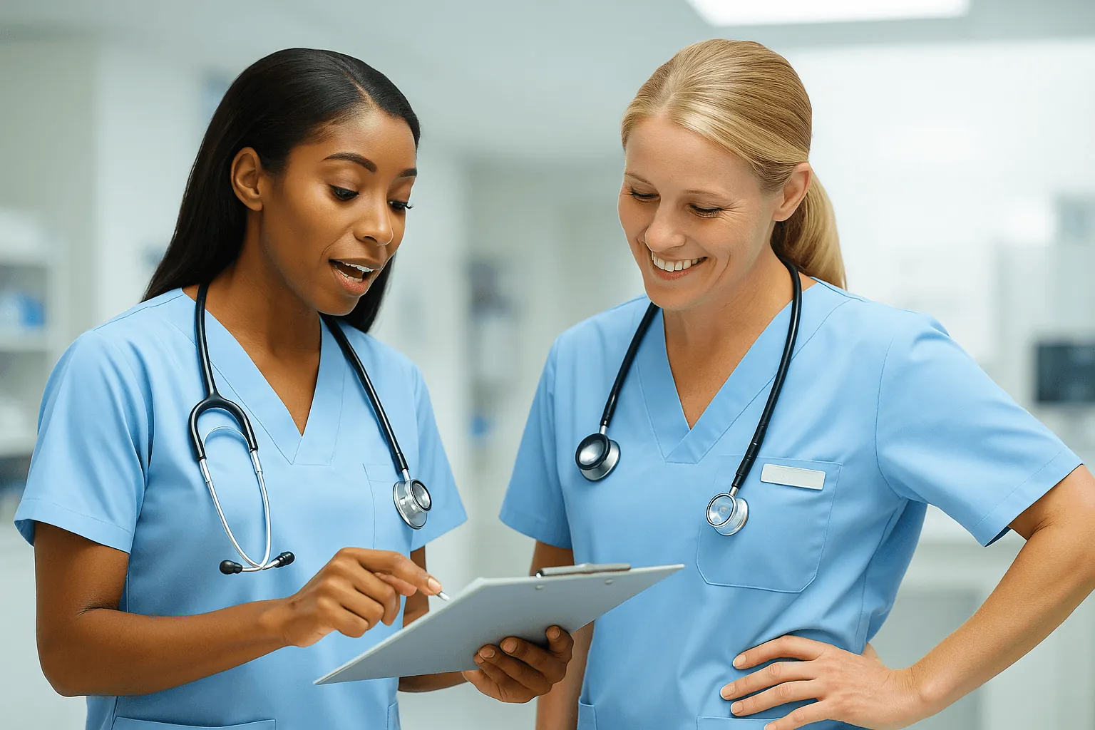 Two nurses talking over a tablet