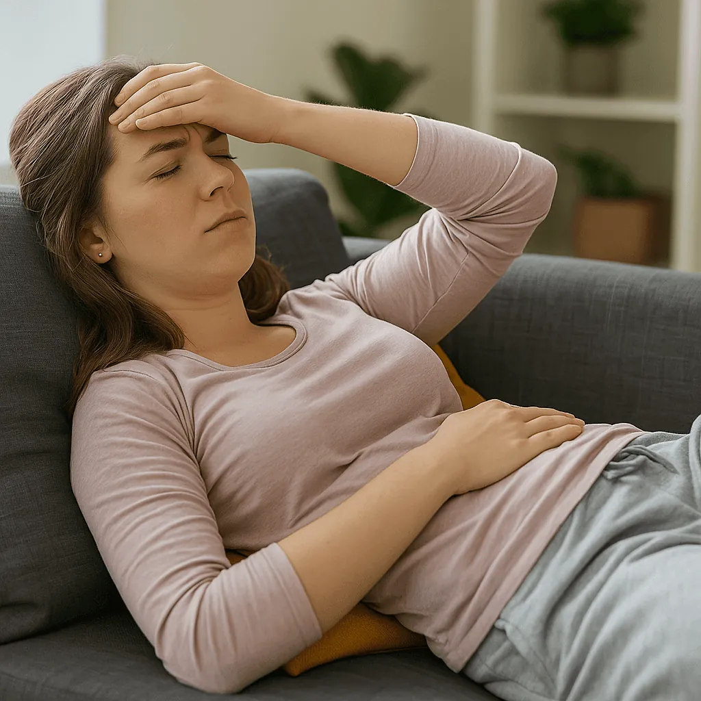 A woman lying on a sofa holding her stomach
