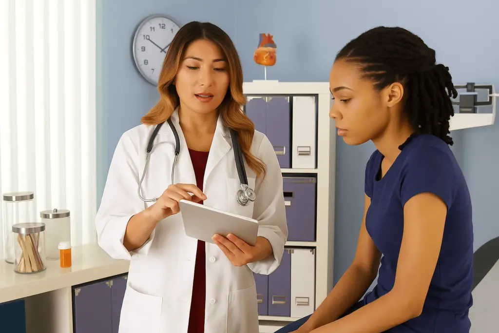 A doctor talking with a patient across a desk