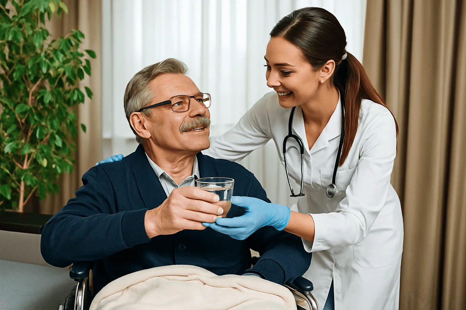 A doctor laughing with an older patient