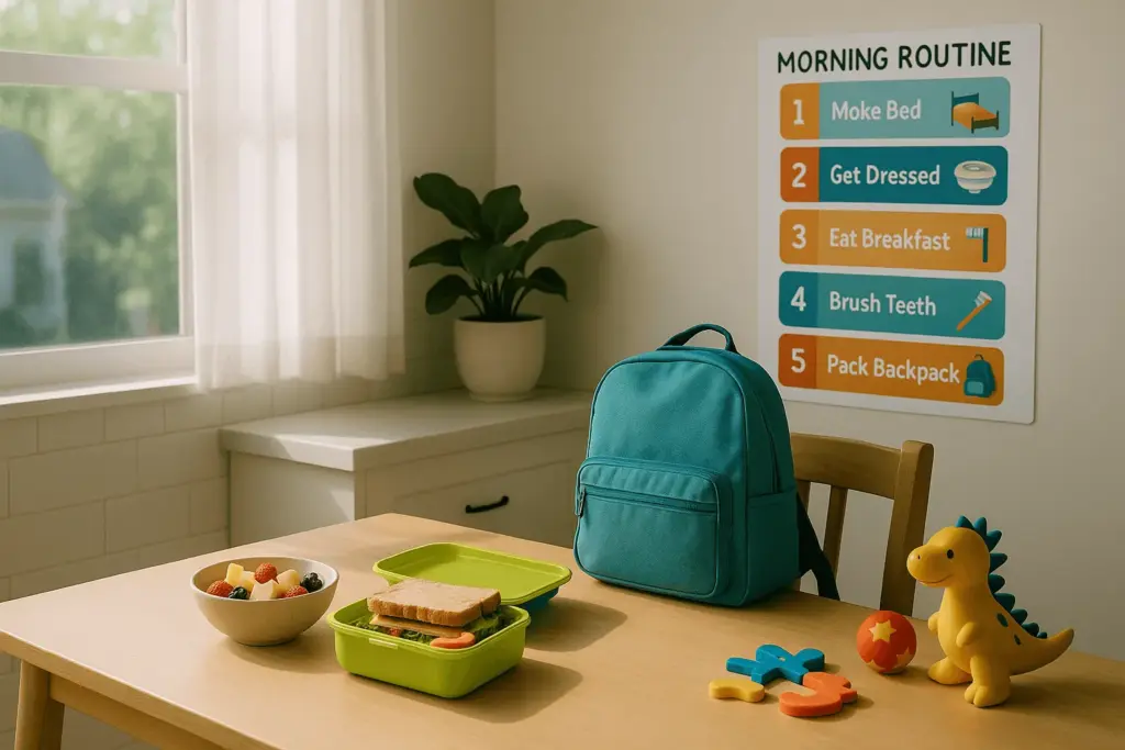 A child’s desk with a lunch box, books and a backpack