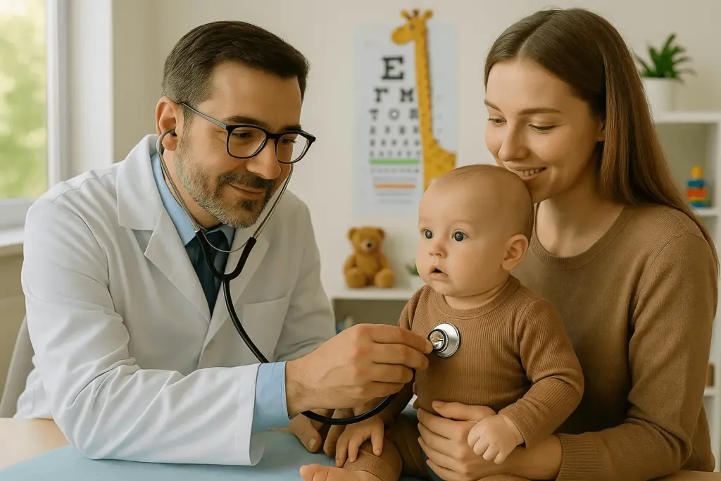 A doctor talking with a mother holding her baby