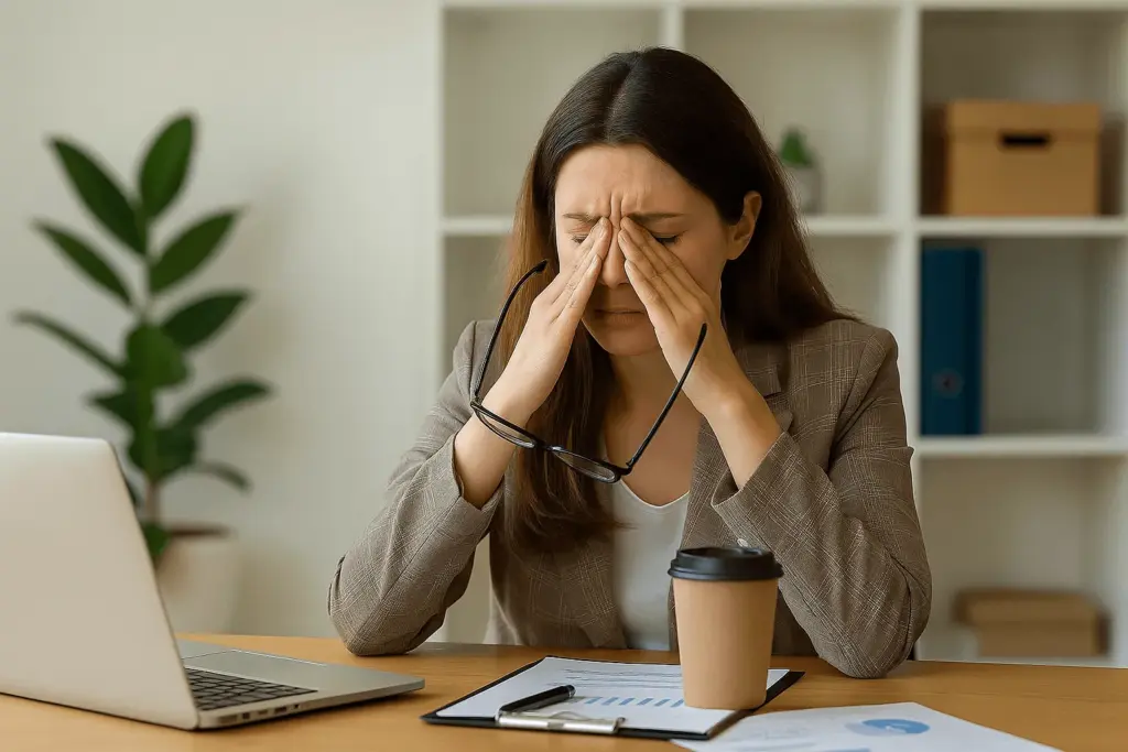 A stressed woman holding her head at her laptop